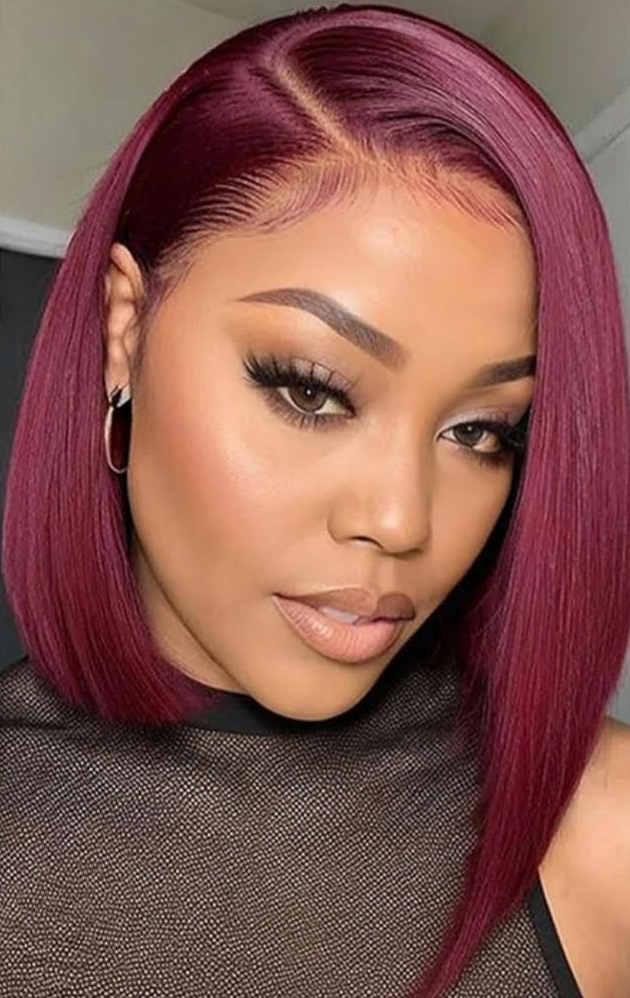 Burgundy short bob glueless straight human hair wig