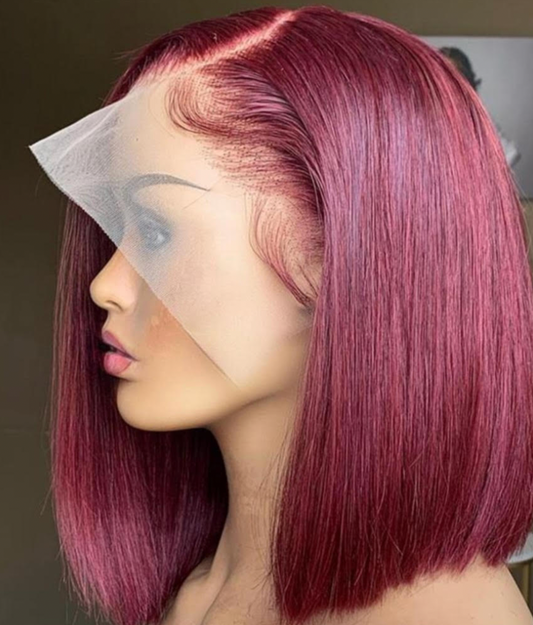 Burgundy short bob glueless straight human hair wig