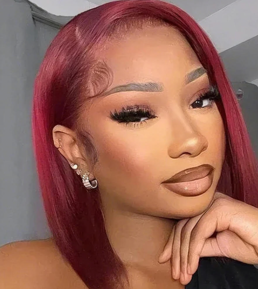 Burgundy short bob glueless straight human hair wig